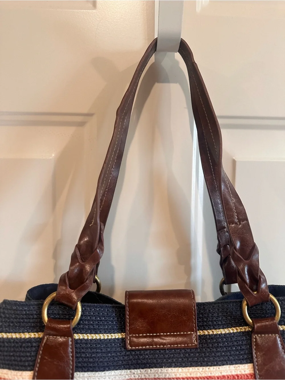 Croft & Barrow Striped Navy and Red Tote Bag with Brown Trim Turn Lock Closure